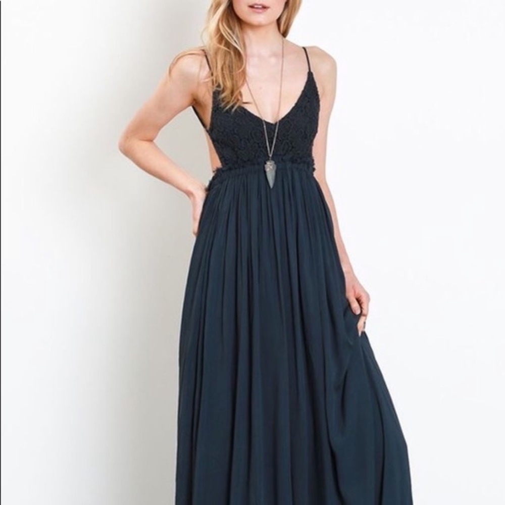 Pleated Navy Maxi  Dress